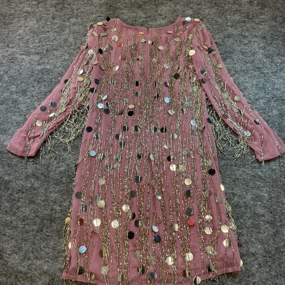 French Connection Formal Silk Long Sleeve Sequin Fringe Western Mini Dress - Picture 2 of 5